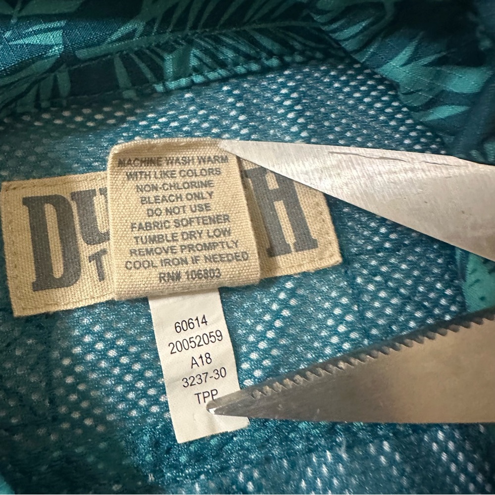 Duluth Trading Shirt Blue Tropical Leaf Vented Fishing CoolPlus Men’s Large - Picture 7 of 9
